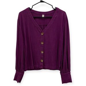 Linen Blend Ptp 20 Purple Button-Up Women's Top Size M